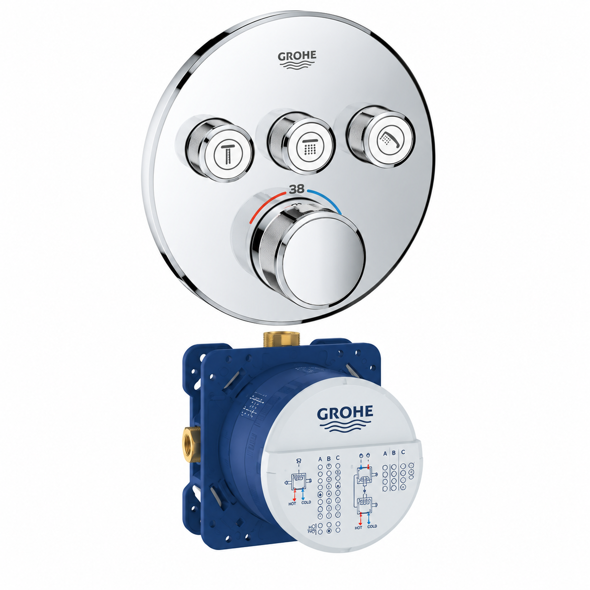 جروهي GROHE وش خلاط دفن دائري جروثيوم سمارت كنترول كروم و جسم دفن رابيدو سمارت بوكس Grotherm-CR